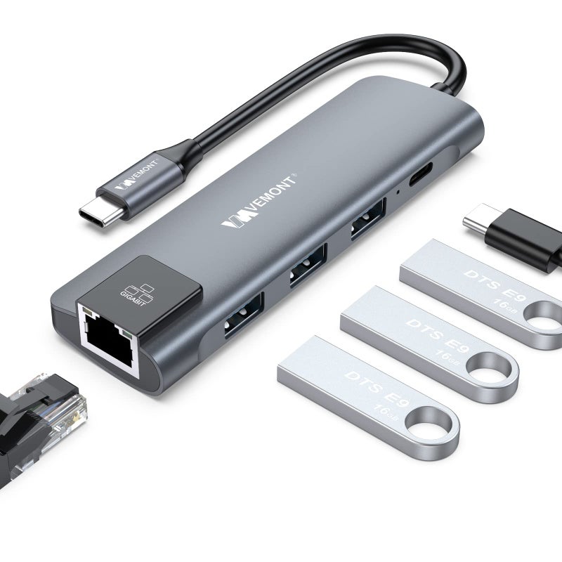 VEMONT 5 in1 USB C hub, Type-c multiport Adapter with Gigabit Ethernet, 3 USB 3.0 hub for Data, 100W Power Delivery, USB hub for Laptop MacBook or ipad, and Other USB C Devices - Image 1